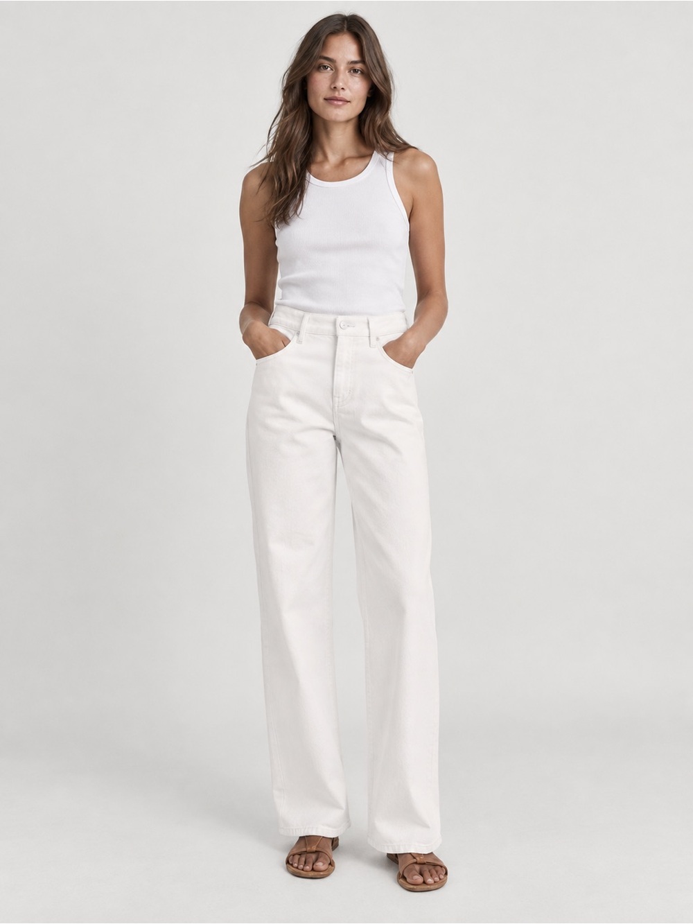 NWT Massimo Dutti Women's Mid RiseWide Leg Full Length White Jeans Size 12